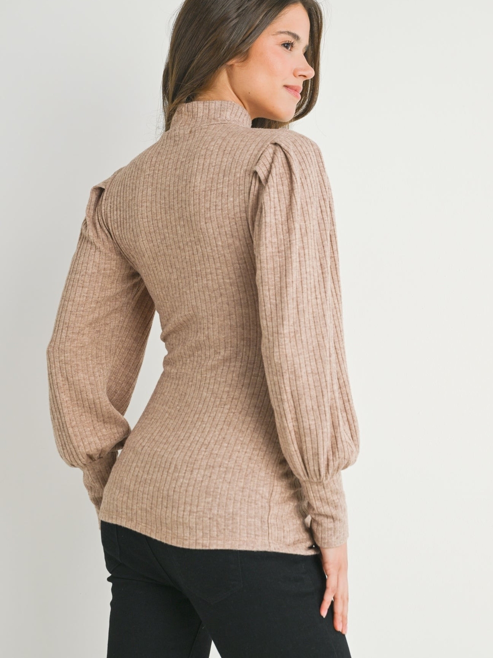 Ribbed Mock Neck Puff Sleeve Maternity Top